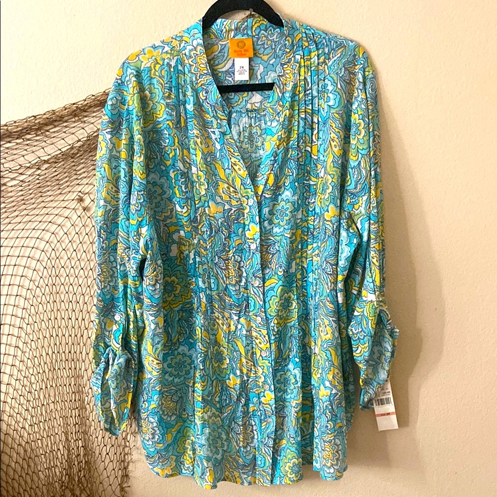 NWTs RUBY Rd. V neck Button Down Sleeve Roll up Colorful Blouse